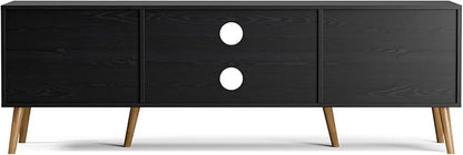 ZttRiee TV Stand for TVs up to 65'', Entertainment Center with Rattan Door, Shelves & 2 Cabinets, Boho Media TV Console for Living Room, Bedroom, Black