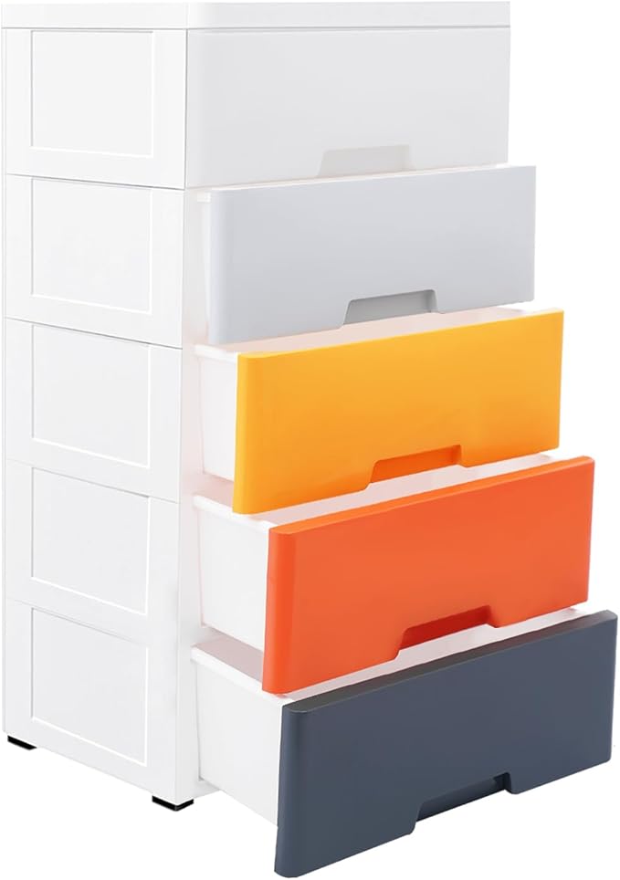 Plastic 5-Drawer Storage Cabinet, Stackable Vertical Organizer Tower with Wheels, Modern Dresser for Bedroom, Closet, Entryway & Office Furniture, White