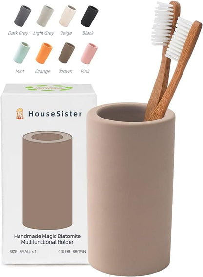 Fast-Drying Diatomite Toothbrush Holder - Bathroom Countertop Organizer Stand for Toothpaste, Makeup Brushes, Razors & Accessories (Brown)