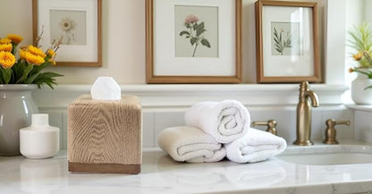 Hymmah Wooden Texture Square Tissue Box Cover Cube Tissue Holder Unique Design Klenex Box Dispenser for Bathroom Vanity Counter Tops Also Great for Bedrooms and Living Rooms