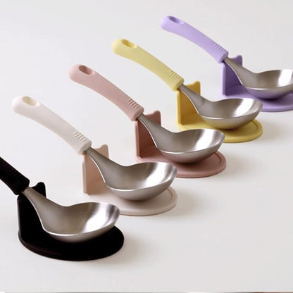 KKU-MIM Wide Head Serving Spoon with Silicon Handle, 8 inch, Stainless Steel, Includes Silicon Matching Rest, Modern Style, Various Color Available (Dark-Gray)