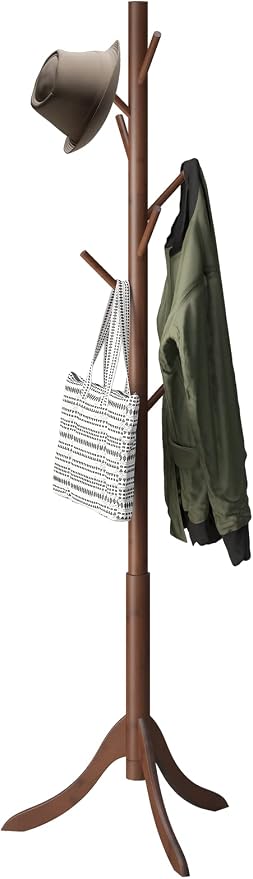 kiplant Bamboo Wood Coat Rack Stand, Freestanding Coat Tree with 8 Hooks, Hallway Entryway Hat Hanger Organizer Standing for Bedroom, Office, Clothes, Jackets, Bags, Umbrallas
