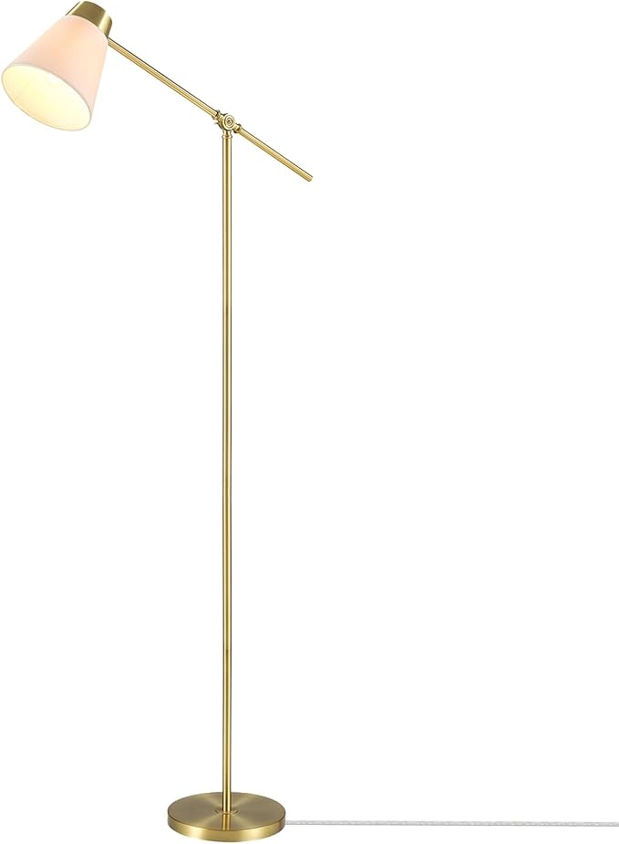 Globe Electric 69" Floor Lamp, Swing Arm, Matte Brass Plated, White Tapered Fabric Shade, On/Off Rotary Switch on Socket, 5-Foot Clear Cord, 1-Light, 40W E26/Medium Base Bulb