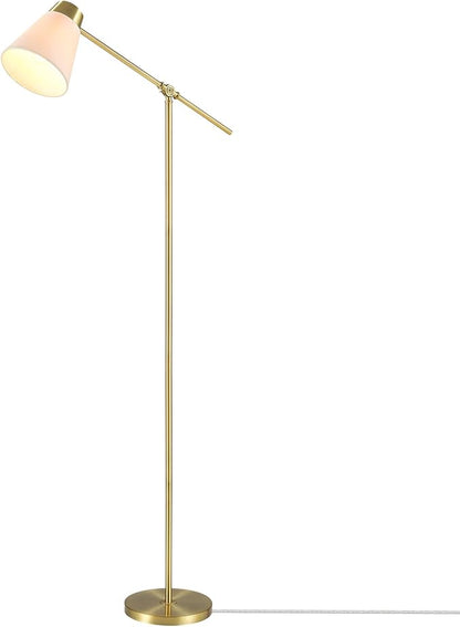 Globe Electric 69" Floor Lamp, Swing Arm, Matte Brass Plated, White Tapered Fabric Shade, On/Off Rotary Switch on Socket, 5-Foot Clear Cord, 1-Light, 40W E26/Medium Base Bulb