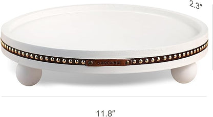 Farmhouse Decorative Round Tray, 11.81 Inch, Versatile Centerpiece Tray for Coffee Table Kitchen Living Room Bathroom, Home Decor Accent White