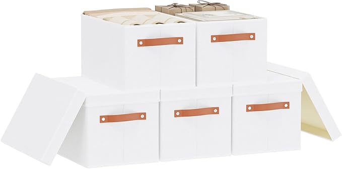 YheenLf Storage Boxes with Lids, 15 x 9.8 x 8.3 Inch Storage Baskets for Shelves, Decorative Closet Organizers with Handles, White, 5-Pack