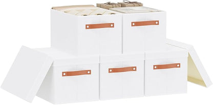 YheenLf Storage Boxes with Lids, 15 x 9.8 x 8.3 Inch Storage Baskets for Shelves, Decorative Closet Organizers with Handles, White, 5-Pack