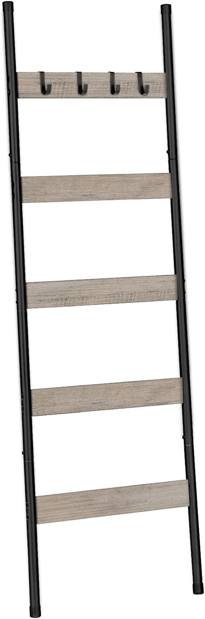 HOOBRO Blanket Ladder, 5-Tier Towel Rack with Hooks, Wall-Leaning Blanket Rack, Decorative Display Ladder Shelf, Scarves, Industrial, Living Room, Bedroom, Greige and Black BG52CJ01