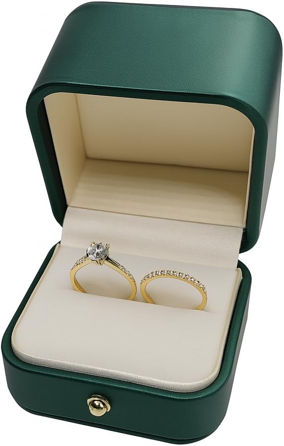 Ring Box Storage Premium Gorgeous Cherished Vintage Green Square Leather Velvet Ring Box Double Slots for Storage, Wedding Engagement, Jewelry Ring Bearer, Proposal, Ceremony, Anniversary,Gift