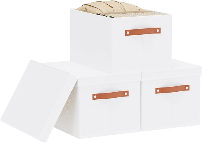 YheenLf 3 Pack Storage Boxes with Lids, Storage Baskets for Shelves, Decorative Linen Closet Organizers with Handles, White, 16.5 x 11.8 x 10.2 Inch