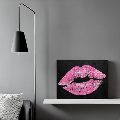7CANVAS Black and Pink Lips Canvas Wall Art Fashion and Glam Poster Sexy Red Lip Picture Gallery Wrap for Bathroom Bedroom Makeup Room Wall Decor 16x12Inch