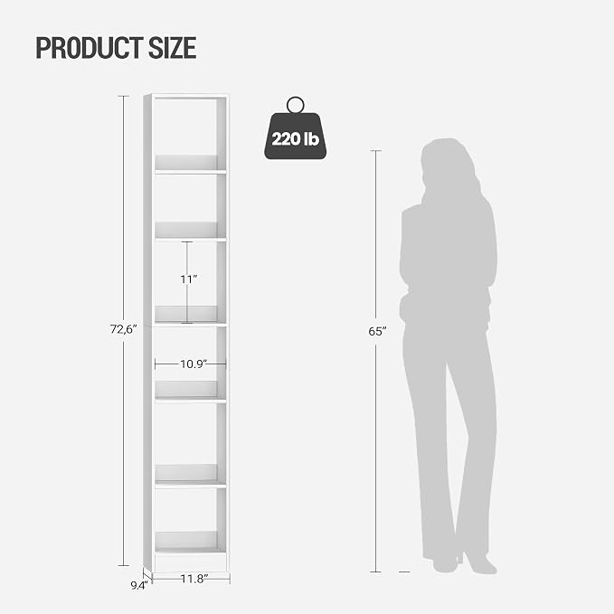 Hzuaneri Bookcase, Tall Narrow Bookshelf, Open Display Storage Shelf, Skinny Cube Book Shelf with Adjustable Shelves, CD Rack for Living Room, Home Office 6-Tier(9.4 x 11.8 x 72.5 inch) White BC09603X