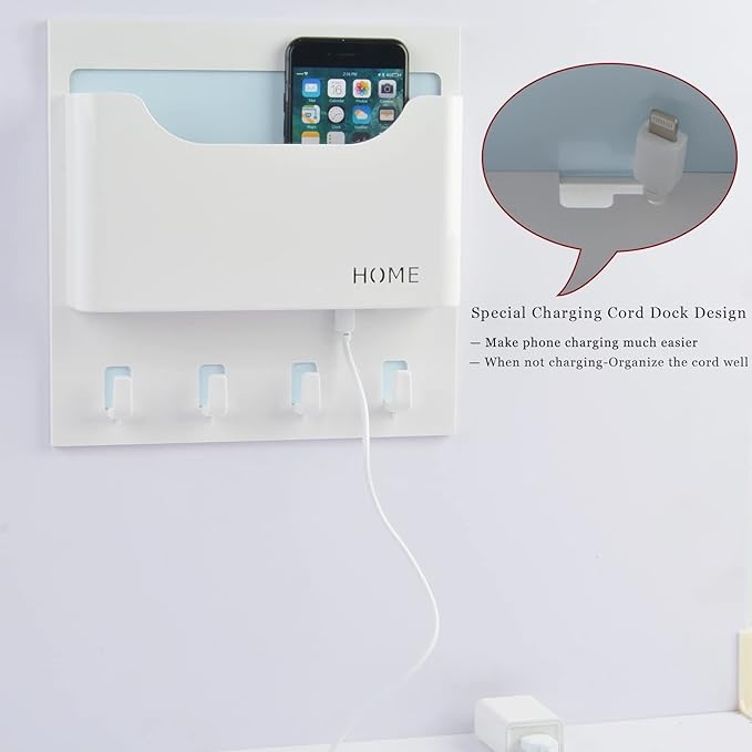 Bedside Shelf Wall Mounted Dorm Room Rack Organizer Storage with Small Hooks - Use for Bedroom,Entryway to Organize Headphone,Remotes,Glass,Cellphones(Horizontal Type/Black)