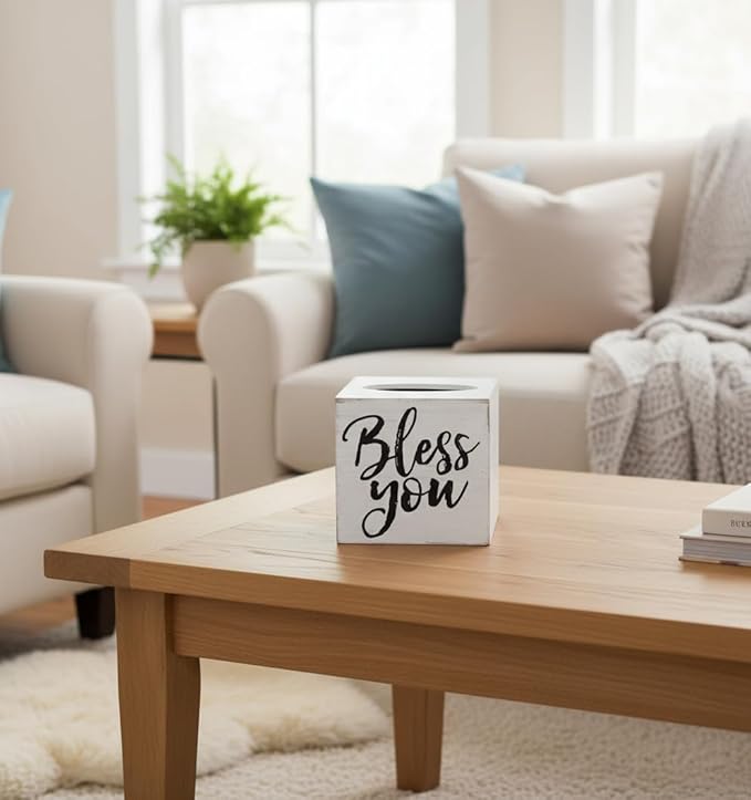 Young's Inc. Wood Bless You Tissue Box Cover - Tissue Holder for Farmhouse Bathroom Decor - Charming Rustic Bathroom Decor - 6" L x 6" W x 6" H