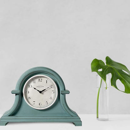 Presentime & Co. Mantel Clock Vintage Farmhouse Series, Napoleon Desk & Shelf Clock, 13 x 10 inch, Domed Lens, Quartz Movement, ABS Plastic Case, Aged Teal Finish (Home/Tabletop Decoration)