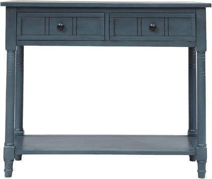 Knocbel 35.5 Inch Antique Entry Console Table with Drawers & Bottom Open Shelf, Solid Wood Sofa Couch Table for Entryway Hallway Living Room (Navy)