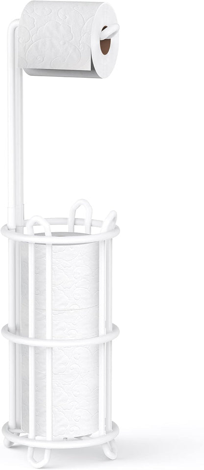Meangood Toilet Paper Holder Stand and Tissue Paper Roll Dispenser for 4 Mega Rolls, Bathroom Free Standing Tissue Roll Storage Holder Rack, Metal Wire (White)
