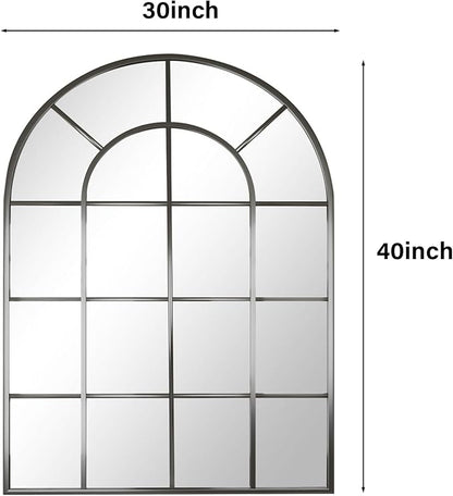 30"×40" Windowpane Arched Wall Mirror, Grid-Designed Decorative Farmehouse Wall Mounted Mirror with Metal Frame Hanging Leaning for Entryway, Living Room, Home Decor, Black