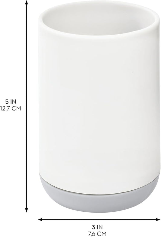 iDesign Toothbrush Holder for Normal Toothbrushes, Spin Brushes, and Toothpaste, The Cade Collection - 3" x 3" x 4. 5", White/Gray