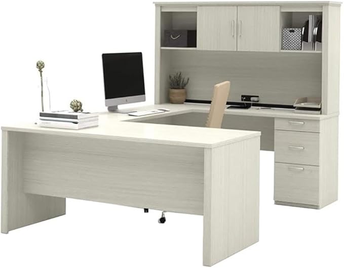 Atlin Designs 66" W x 95.5" D Modern Contemporary U-Shaped Wood Computer Desk with Hutch, for Home Office, Fully Reversible Unit, in White & Chocolate Finish