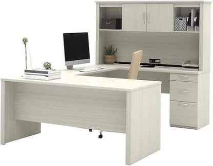 Atlin Designs 66" W x 95.5" D Modern Contemporary U-Shaped Wood Computer Desk with Hutch, for Home Office, Fully Reversible Unit, in White & Chocolate Finish