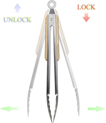 Stainless Steel Kitchen Tongs with Oak Wood Handle - Heat Resistant, Heavy Duty Locking Tongs for Cooking, BBQ, Salad, and Serving - Set of 2 (9" and 12") - Dishwasher Safe, Food Grade, No Rubber