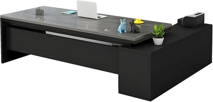 LITFAD Modern L-Shape Office Desk with Wood Base Executive Desks Boss Table Computer Desk Home Office Furniture with Drawers and Storage Shelves - Without Chairs Gray 63" L x 31.5" W x 29.5" H
