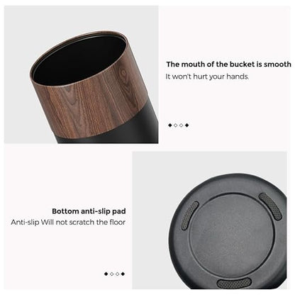 3.1GAL Modern Metal Waste Bin with Realistic Wood Texture,Built-in Bag Holder,Open-Top Trash Bin for Bathroom,Home,Office,Living Room (3.1gal Round)