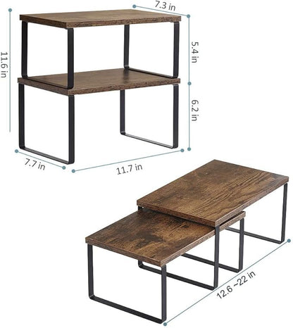 NEX Kitchen Cabinet and Counter Shelf Organizer, Shelf Riser for Pantry Countertop Cupboard Desk Top, Stackable & Expandable, Set of 4, Black and Rustic Brown