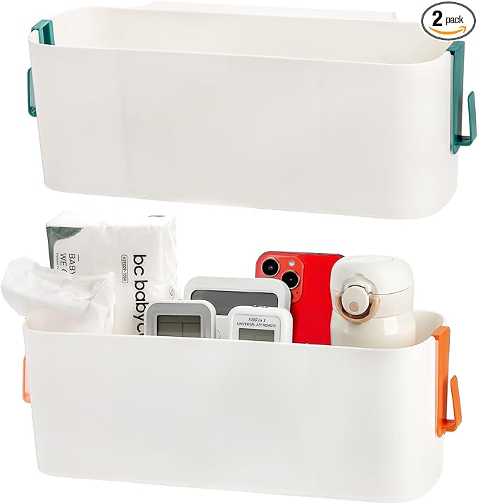Yopay 2 Pack Bedside Caddy Organizer, Plastic Bunk Bed Shelf, Dorm Bedside Holder, Multi Storage Pocket Holder for Kids Loft Bed Rail Rv Bathroom College with Hook