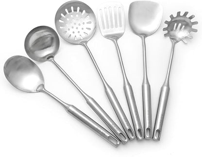 18/10 Stainless Steel Cooking Utensils Set 6 Pcs Metal Long Handle Kitchen Utensil, Spatula, Serving Soup spoon, Leaking shovel, Pasta Spoon Kitchen Tools Set (6 Pieces Set)