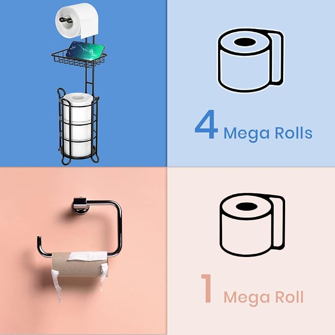 Matte Black Bathroom Freestanding Toilet Paper Holder Tissue Roll Holder Stand with Shelf Storage Holds 4 Jumbo Rolls Phone and Wipes