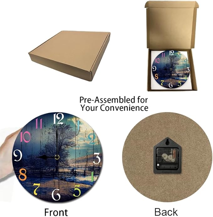Winter Scenery Wall Clock 10 Inch Silent Non Ticking Battery Operated Wooden Modern Office Simple Minimalist Clock Decorative for Kitchen Home Bathroom Living Room