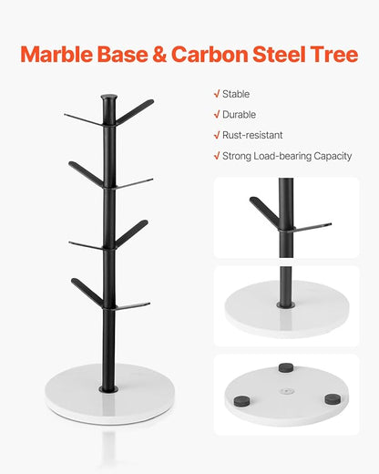 VEVOR Mug Holder Tree with Marble Base, 8 Hooks Coffee Cup Holder for Counter, Carbon Steel Mug Tree Cup Rack Stand, Upgraded Coffee Cup Tree for Coffee Bar Kitchen Home Organizer