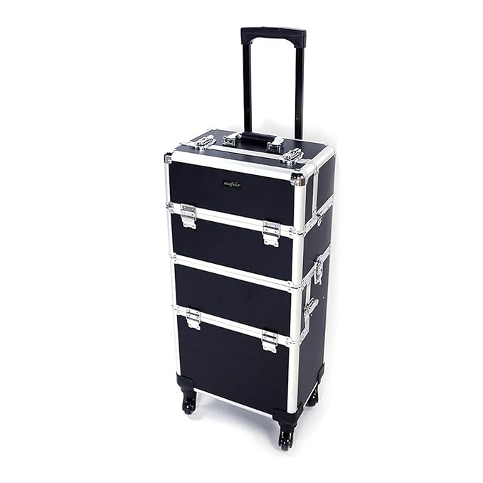 mefeir 3 in 1 Rolling Makeup Train Case, Aluminum Makeup Travel Organizer Cosmetic Case, Cosmetology Display Suitcase on Wheels, Beauty Storage Luggage Lockable w/4 Removable Wheels, Black