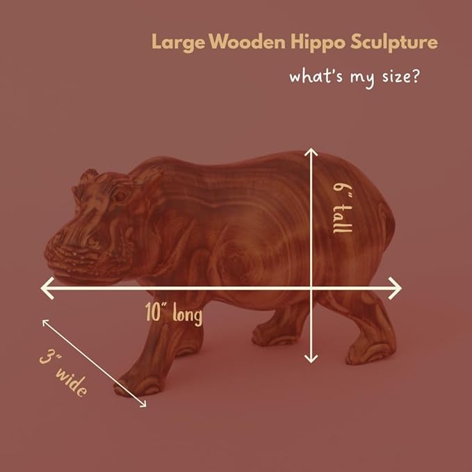 Large Wood Hippo Sculpture, Statues, Animal Figurines, Home Decor Accents, Living Room, Office, Desk, Coffee Table, Book Shelf, Hand Carved, African, Brown