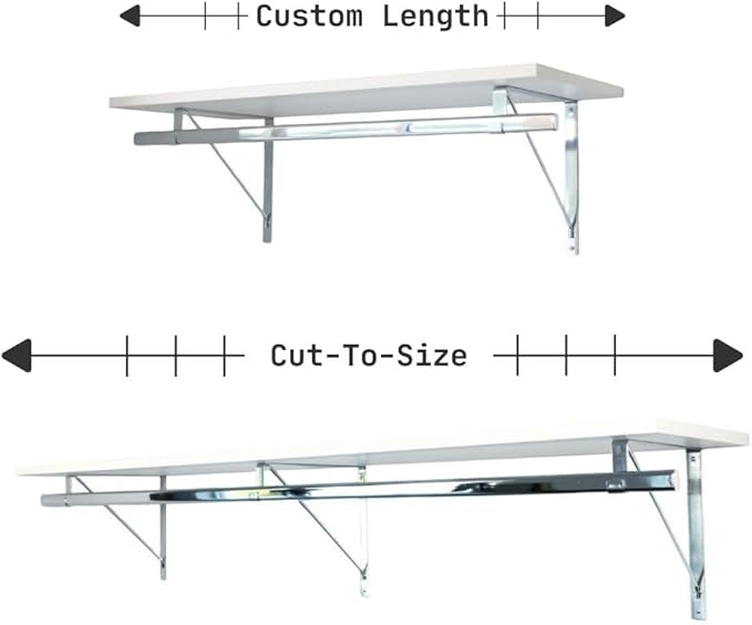 Custom Cut-to-Size Premium Wall-Mounted Shelf with Rod and Bracket Kit. 3/4" Thick Shelves, 14 inches deep. Customize The Length from 16" up to 72".