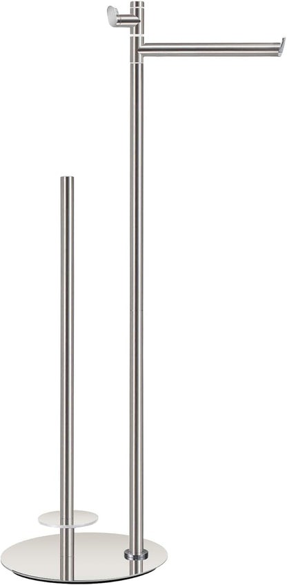BVL Toilet Paper Holder Stand with Hook, Brushed Nickel Stainless Steel 304 Weighted Toilet Paper Holder Stand, Bathroom Freestanding Toilet Paper Holder Holds 5 Rolls