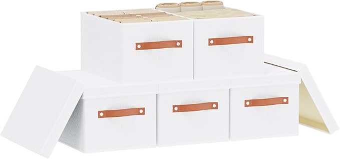 YheenLf Storage Boxes with Lids, 7.1 x 9.1 x 13 Inch Storage Baskets, Closet Organizers for Shelves Organizing with Handles, White, 5-Pack