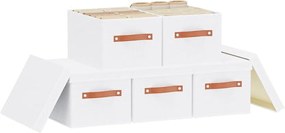 YheenLf Storage Boxes with Lids, 7.1 x 9.1 x 13 Inch Storage Baskets, Closet Organizers for Shelves Organizing with Handles, White, 5-Pack