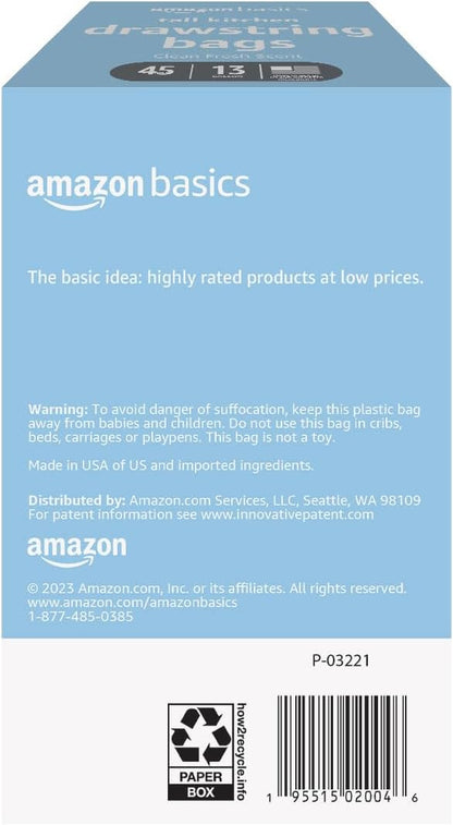 Amazon Basics Tall Kitchen Drawstring Trash Bags, Clean Fresh Scent, 13 Gallon, 45 Count (Previously Solimo)