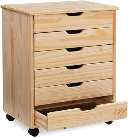 Linon Callie Multipurpose Six Drawer Dresser Wide Wood Rolling File Cabinet Storage Cart in Natural