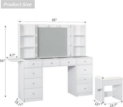 Vanity with Power Outlet, Vanity Desk with Mirror and 10 LED Lights, 10 Drawers Makeup Vanity with 6 Shelves, Fold-up Panel, Dressing Table for Bedroom, White