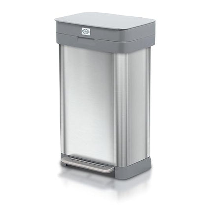 Clorox 13 Gallon Trash Can - 50L Kitchen Trash Can with Wide Step Pedal - Rectangular Stainless Steel Garbage Bin with Hinged Rim and Odor Protection