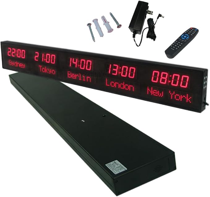 LED World Clock 5 Time Zones - WiFi Auto-Sync Digital Wall Clock with 3-Level Brightness, Ultra-Clear Wide Viewing Angle, All-Aluminum Housing for Multinational Enterprises, Hotels & Offices