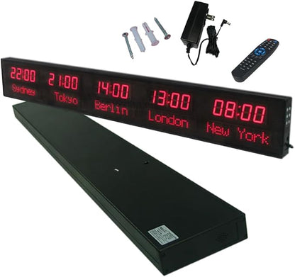 LED World Clock 5 Time Zones - WiFi Auto-Sync Digital Wall Clock with 3-Level Brightness, Ultra-Clear Wide Viewing Angle, All-Aluminum Housing for Multinational Enterprises, Hotels & Offices