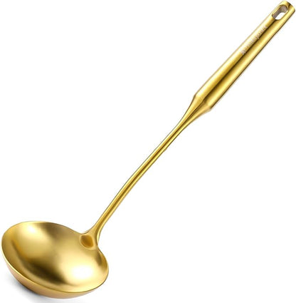 Gold Soup Ladle and Spaghetti Spoon Set - 18/10 Stainless Steel Soup Spoon，Pasta Strainer, 13.8" Kitchen Utensils for Cooking，Stirring, Serving Pasta, Soup & Sauce, Christmas Gifts