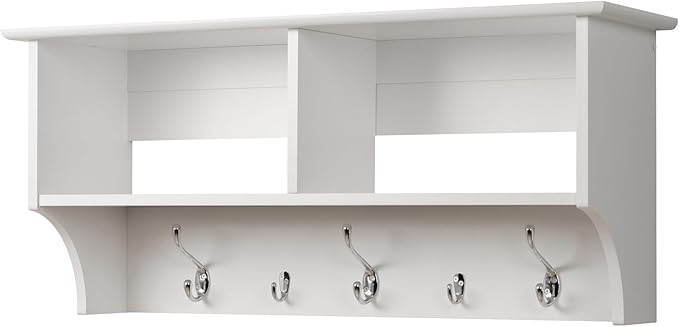 Prepac 36" Contemporary Wall Mounted Coat Rack, Coat Hooks Wall Mount with 2 Shelves, Ideal for Hallway or Entryway Hanging Solution, 11.5"D x 36"W x 16.5"H, White