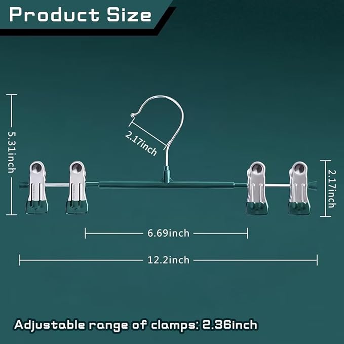 Pants Hangers with Clips 20 Pack Adjustable Skirt Hangers for Women Non-Slip Trousers Hanger for Jeans Clothes Hangers for Pants Heavy Duty Space Saving Shorts Hangers,Green,12Inch
