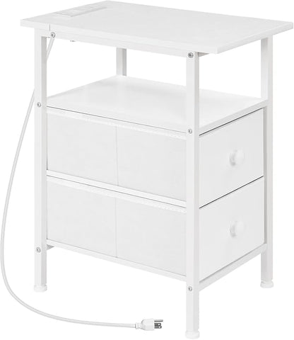 HOOBRO End Table with Charging Station, Narrow Side Table, Nightstand with 2 Non-Woven Drawers, Slim Sofa Side Table, for Small Spaces, Living Room, Bedroom, White WT486UBZ01